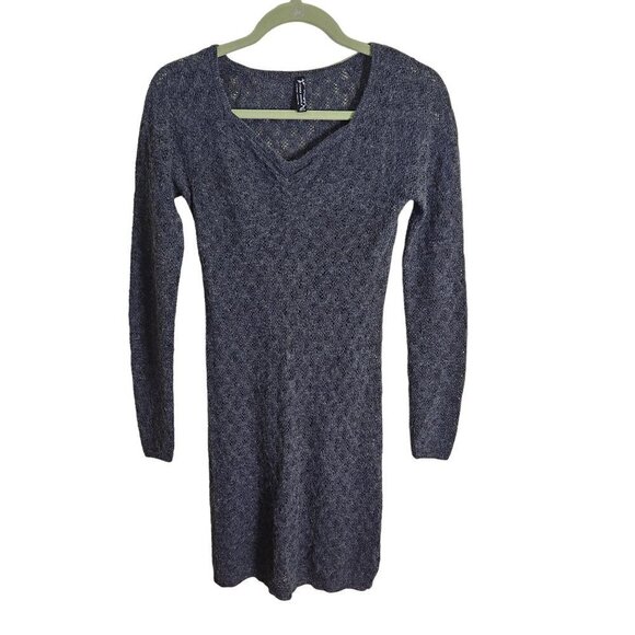 Free People Gray Open Knit Ruched V Neck Sweater Dress Size XS - Picture 1 of 7